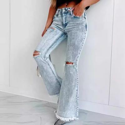 New Long Ripped Jeans Women's Bell Pants Washed High Waist Trousers