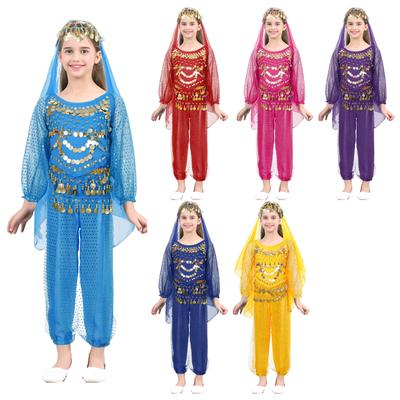 Girls Belly Dance Costume Set Shiny Sequins Lace Up Back Long Sleeve Crop Top Bloomers Hip Scarf Headscarf