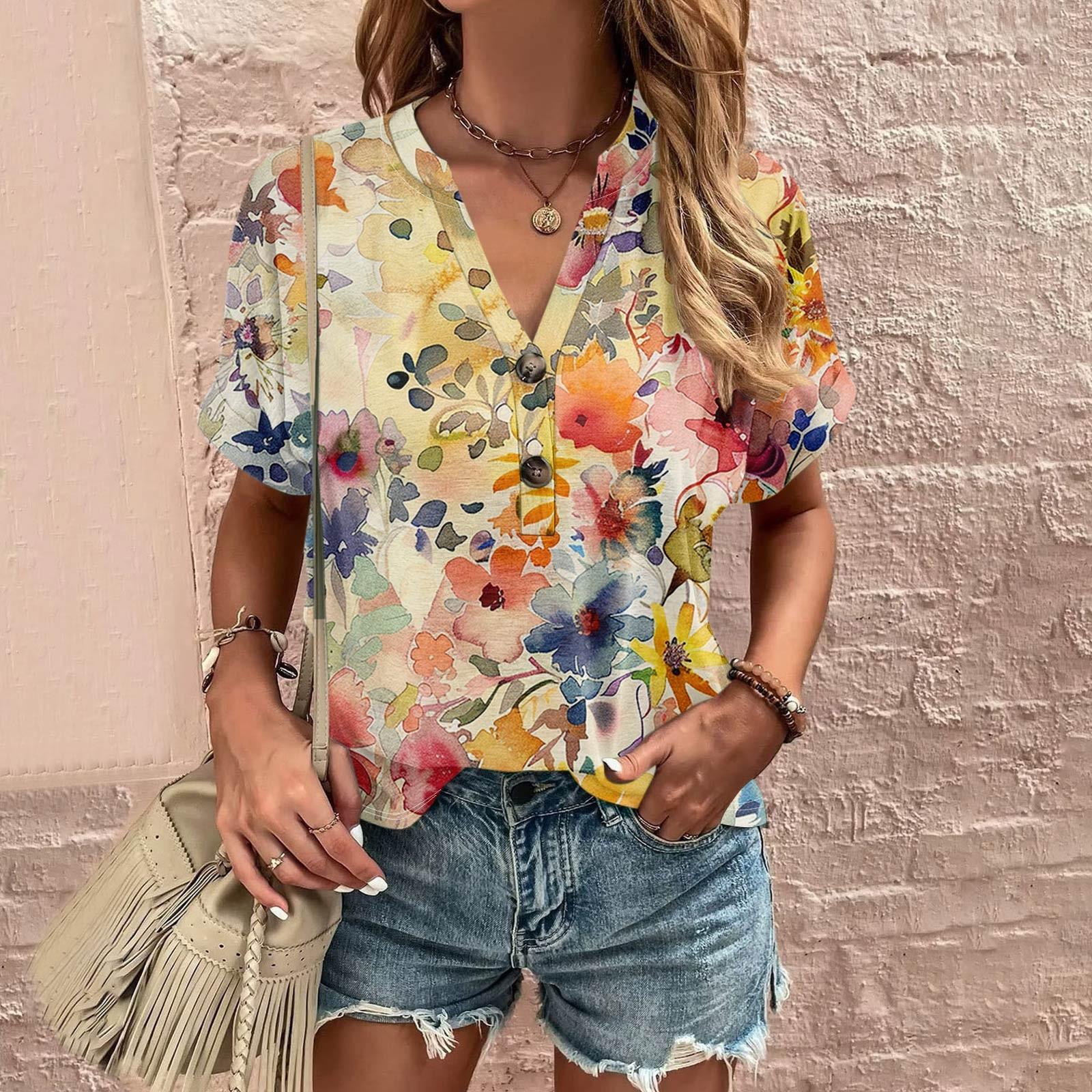 

Women s Shirt Blouse Button Vintage Print Short Sleeve Casual Basic Top Pullover L