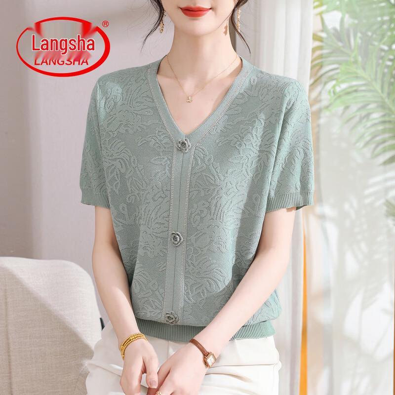 LangSha Women s 2026 Summer Ice Silk V-Neck Short Sleeve Top 3XL