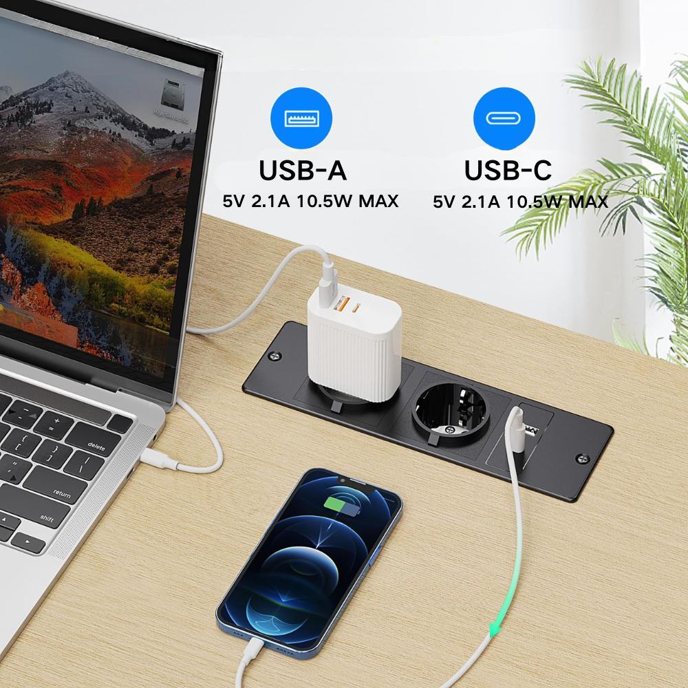 Recessed Power Strip with 2 Sockets USB A USB C Ports Embedded Furniture Charging Station for Desk Nightstand Cabinet