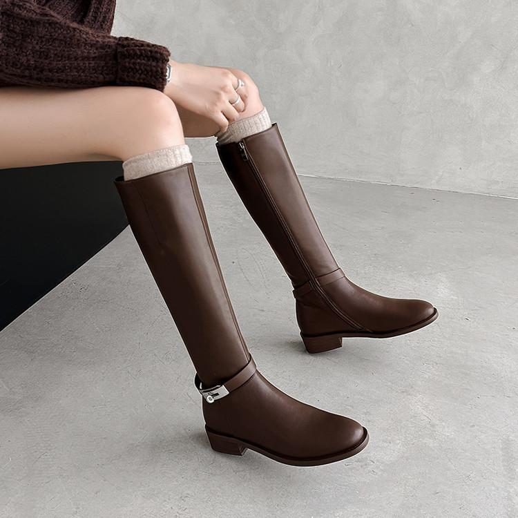 Autumn and winter new lock buckle knight boots low heel round head boots belt buckle cowhide high boots slim and tall boots women