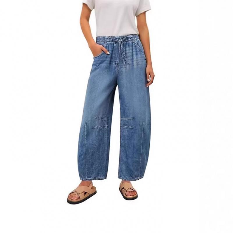 2026 New Spring/Summer Casual Washed Loose Wide-Leg Jeans for Women with Tie-Waist
