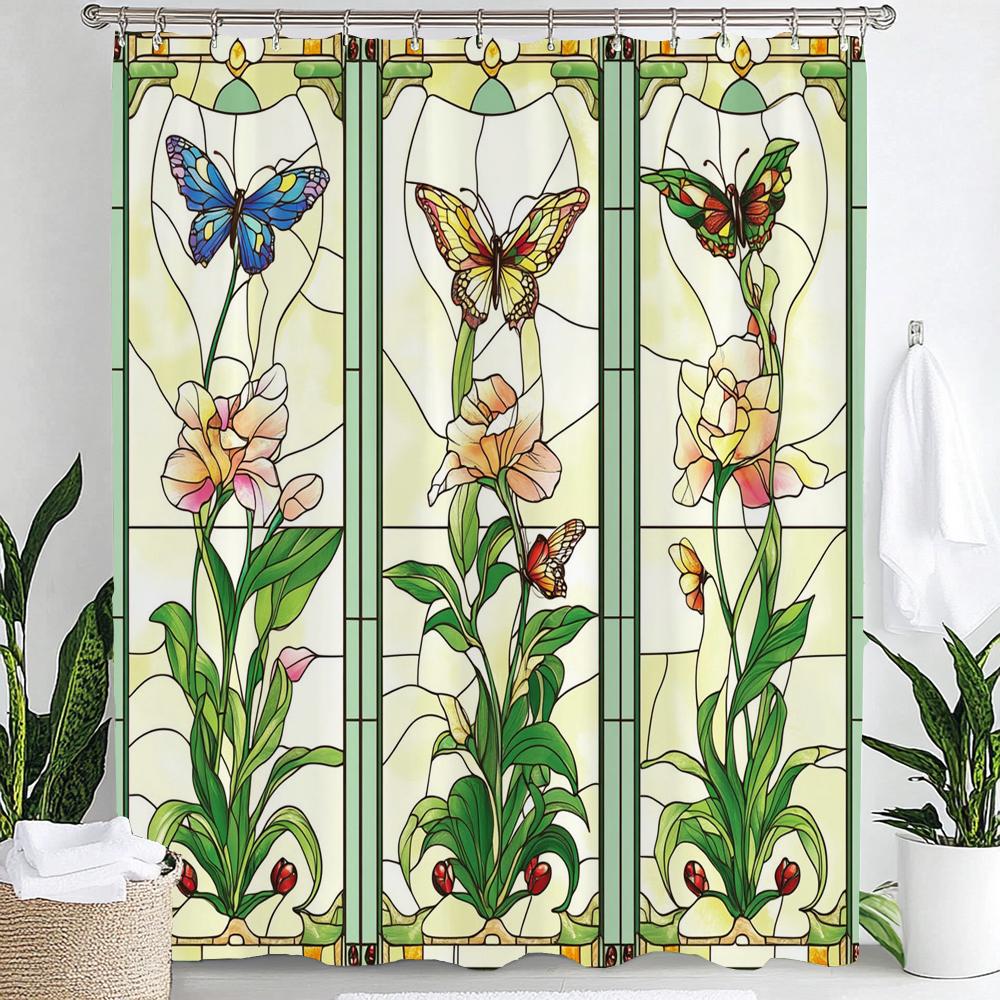 Colorful Butterflies And Flowers Screen Pattern Shower Curtain, Bathroom Decorative Shower Curtain, Home Curtain With Hooks