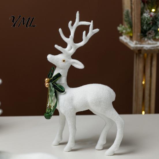 Exquisite Three Dimensional Ornaments White Flocked Elk Ornament, Ribbon Bell Decor 3D Standing Deer Christmas Season Home Figurine, Decorative