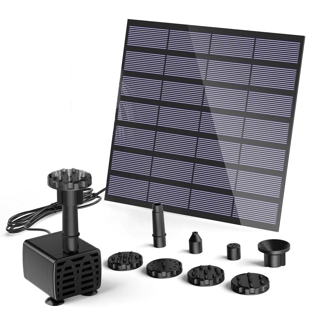 Solar Powered Water Fountain Pump for Garden, Bird Bath, Pond, Eco-Friendly with 6 Nozzle Spray Heads, 1.5W Solar Panel