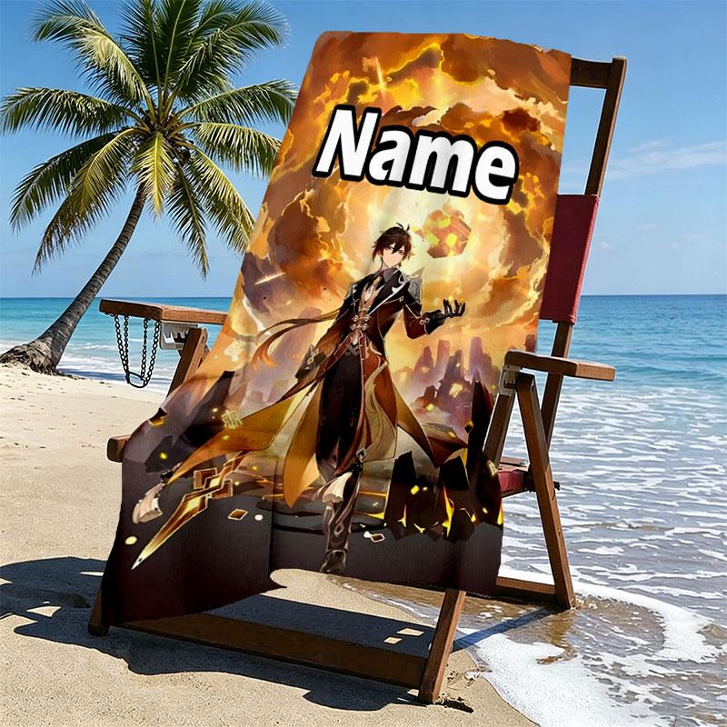 Custom Name Personalized Genshin Impact Print Beach Towel, for Trip Camping Beach Party Home Decor, Birthday Gift for Family & Friends