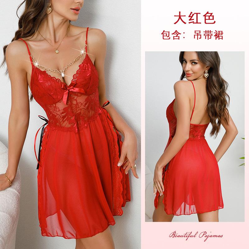 Pearl Chain Lace Sheer Nightgown Side Slit Colorful Bow Decor Sexy Cami Women's Loungewear 913 Romantic Glamorous Sleepwear with Cute Bow Accents