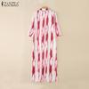 ZANZEA Women Print Casual Turn Down Collar Loose 3/4 Sleeve Long Dress