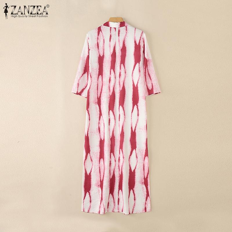 ZANZEA Women Print Casual Turn Down Collar Loose 3/4 Sleeve Long Dress