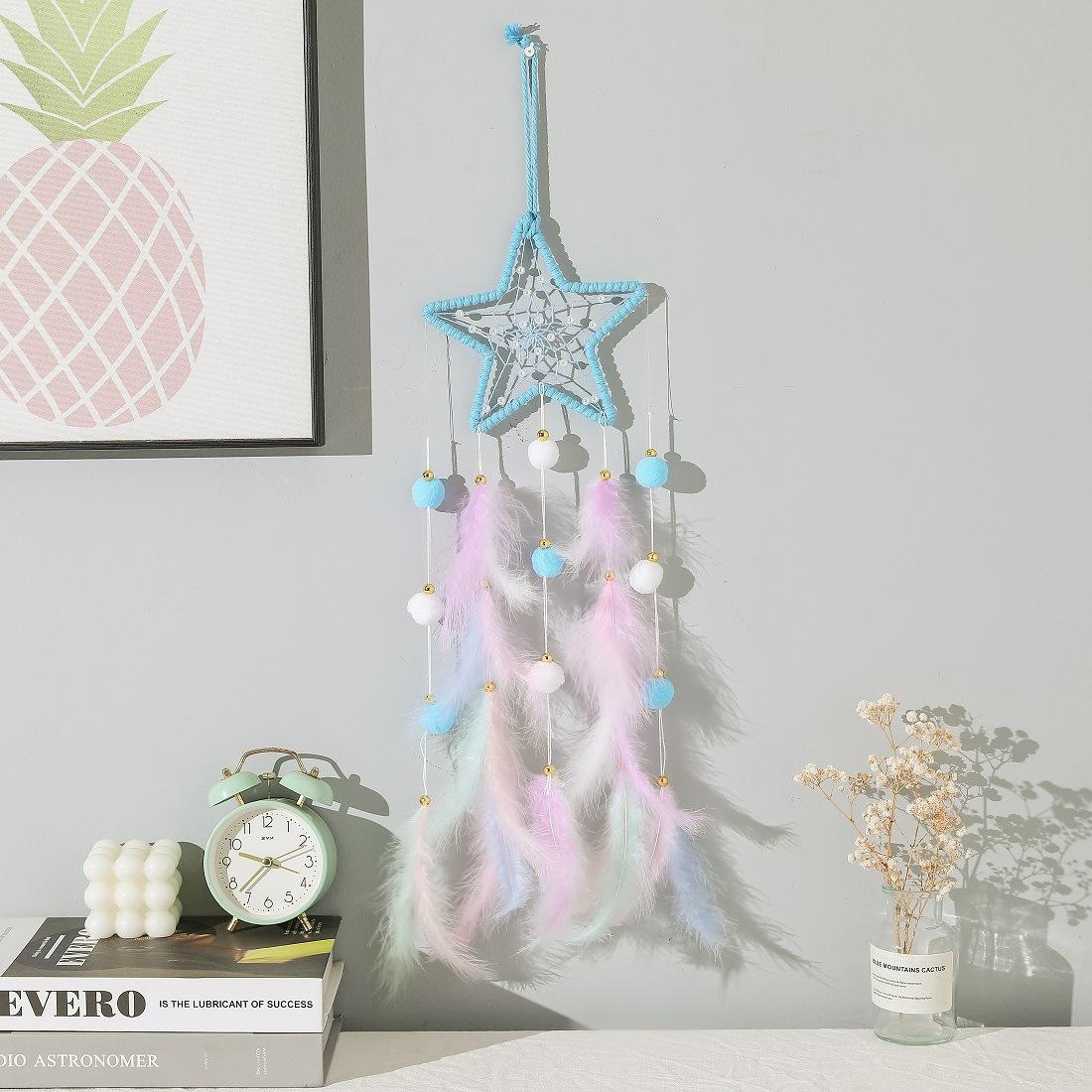 Hanging Wind Chimes Handmade Material Kit Dreamcatcher Feather Weaving Pendant with Light Bedroom Home Decoration