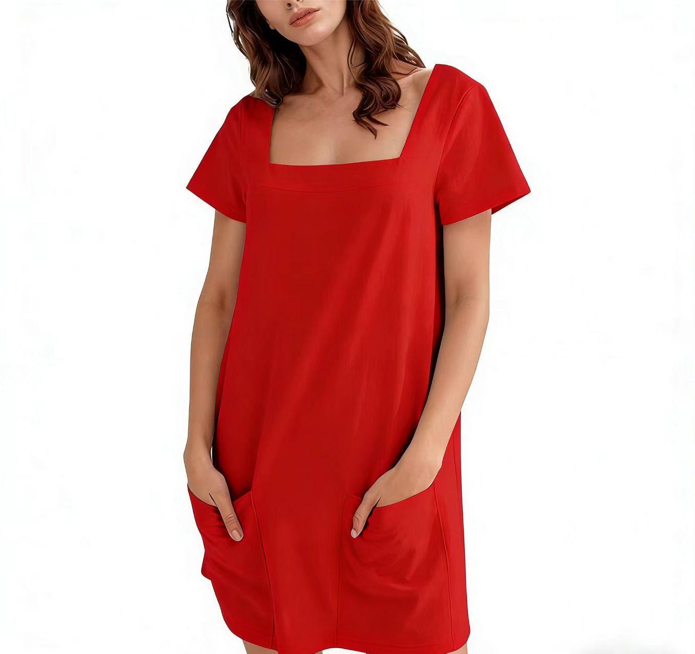 Square Neck Short Sleeve Fashion Pocket Dress - Women s Casual Short Skirt XL красный