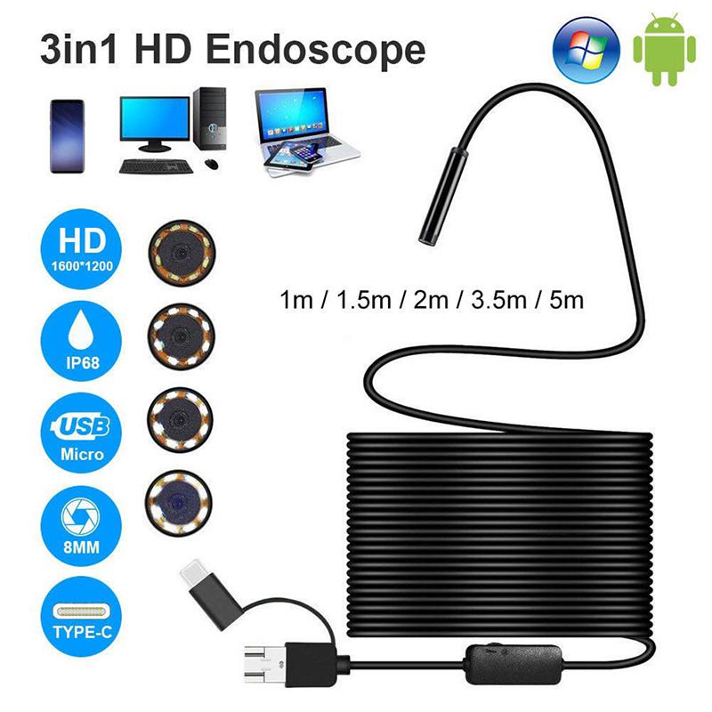 3 In 1 Usb Type-C Endoscope Inspection Borescope 5.5/7/8Mm Lens Hd Camera Ip68