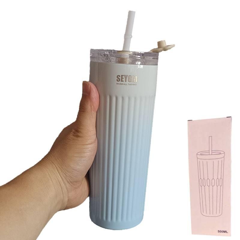 

Color 500ml Gradient Stainless Steel Straw Thermos Cup Large Capacity Mug Coffee синий