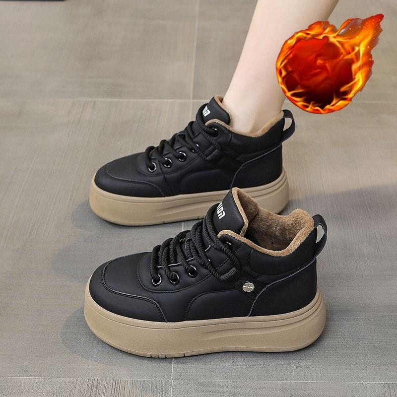 Women's fur one thick bottom heightening winter lightweight padded warm snow boots non-slip wear casual sneakers lace-up cotton boots