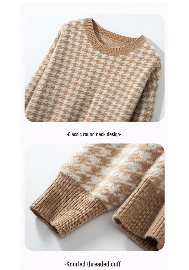 Women's Round Neck Plaid Cashmere Sweater - 2025 Autumn/Winter Warm Knit with Long Sleeves, Wearable as Outerwear.
