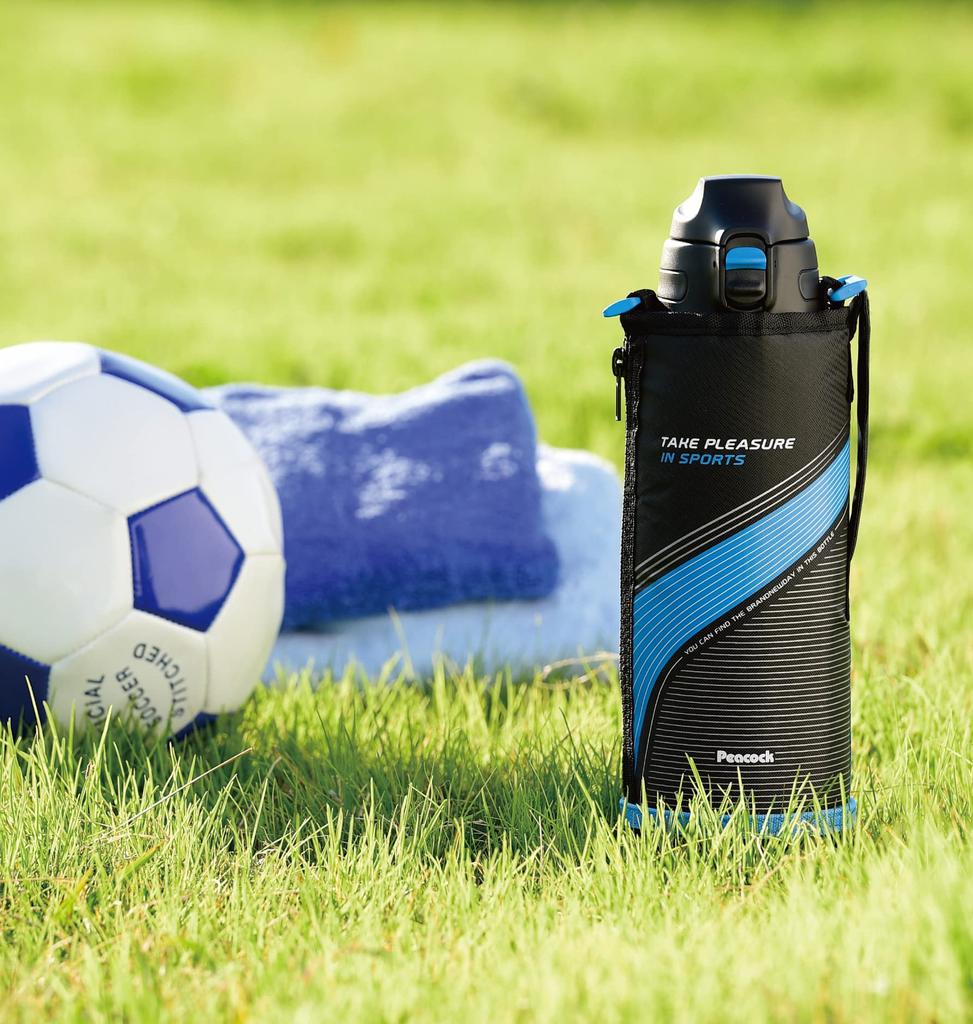 Peacock Water Bottle Kids 1000ml Cold Insulated One Touch Direct Drinking Children Direct Bottle with Pouch 1l Blue A The-peacock AJC-F101