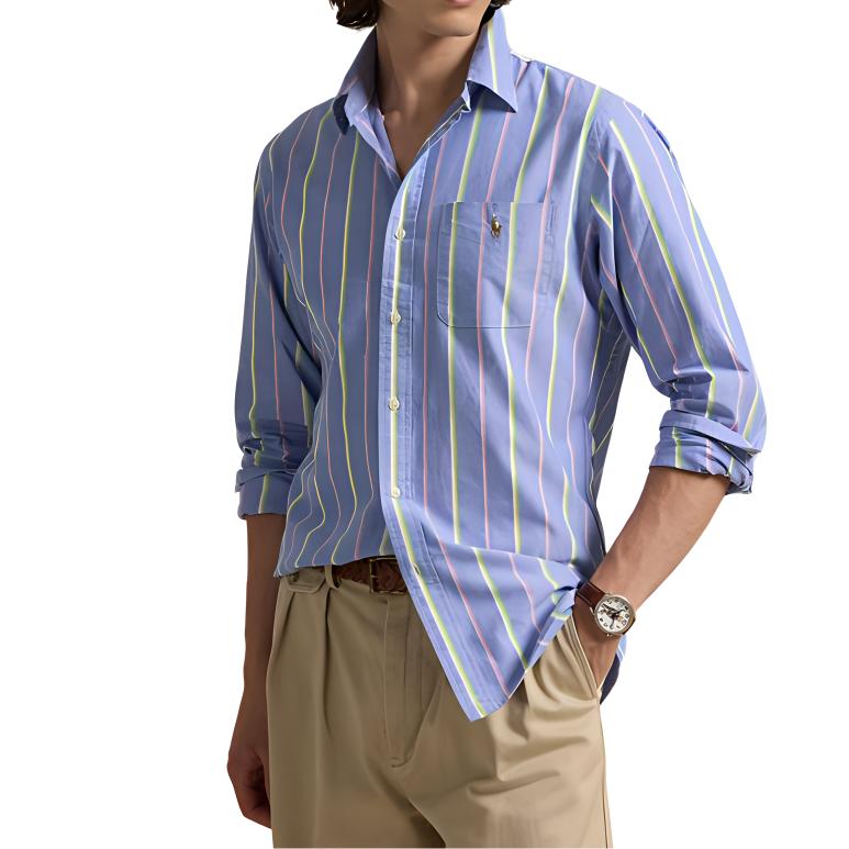 Camicia a Maniche Lunghe Monopetto a Righe Ricamate con Logo Polo Ralph Lauren Uomo shirts Multicolore MNPOWOV16823878-400