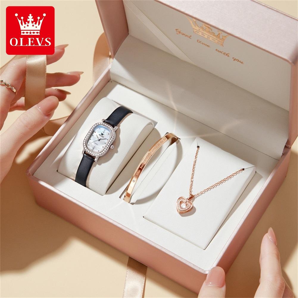 OLEVS Women Quartz Watch Sets Fashion Delicate Luxury Diamond Bezel Ladies Dress Wristwatch Elegant Starry Sky Waterproof Watch