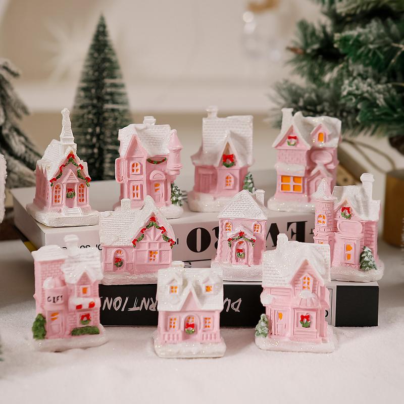Christmas Decorations Resin Small House Light Up Village House Figurines Cartoon Table Ornament For Holiday Gift Cute Christmas