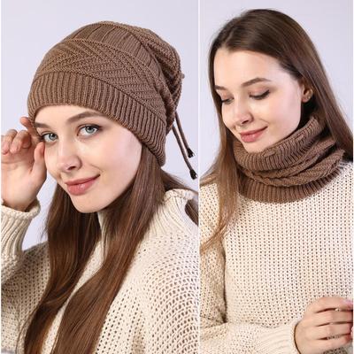 Two In One Scarf and Hat Autumn and Winter Warm Knitted Ear Protection Pile Up Hats Women's Fleece - Lined Hat