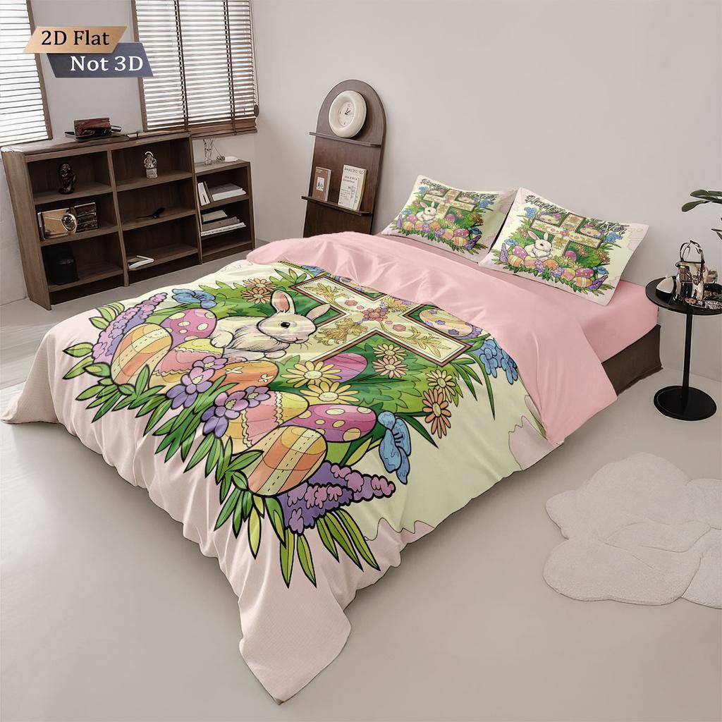 3pcs Easter Happy Flower Rabbit Print Coreless Down Duvet Cover Set Comfortable Bedroom Bedding Decoration Machine Washable