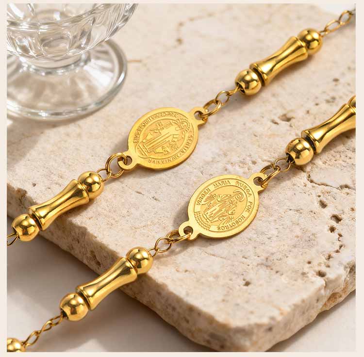 Saint Benedict Rosary Bracelet Bamboo Bead Design 18K Gold Plated Stainless Steel Cross Adjustable Catholic Jewelry