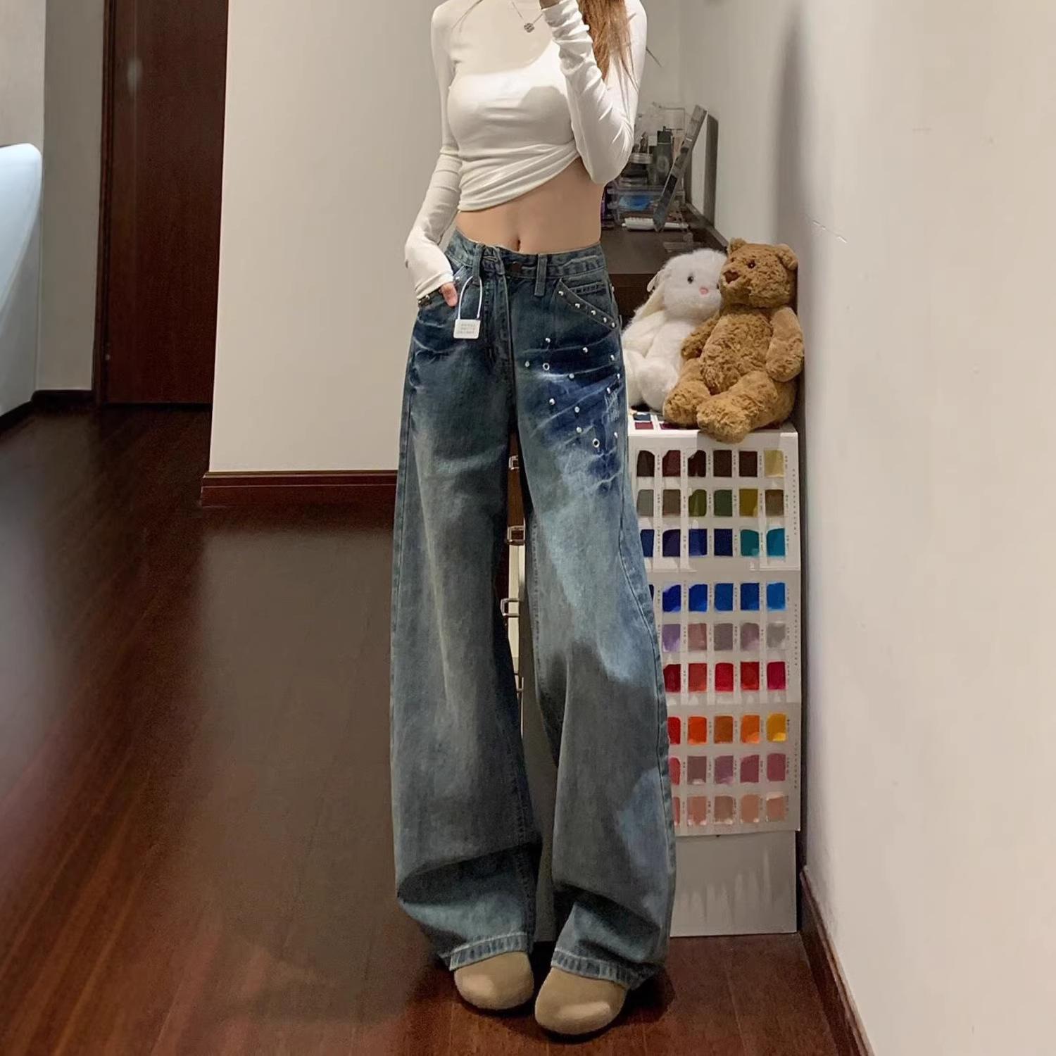 

American retro washed rivet wide-leg jeans women s autumn and winter new high-waisted loose and thin straight floor-mopping pants XL синій