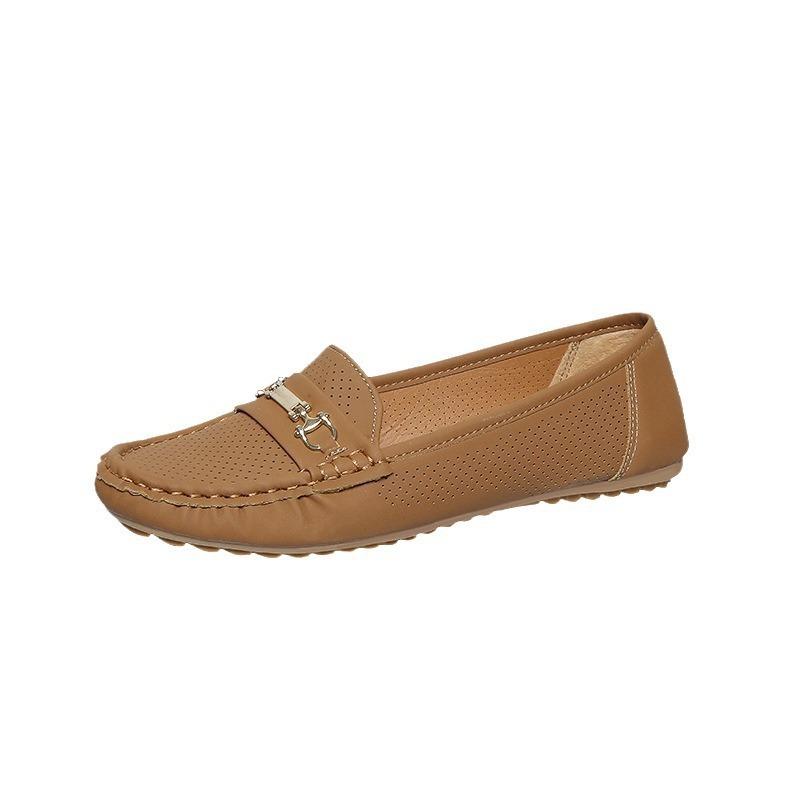 Fashion metal buckle autumn new solid color breathable light mouth round head large size women's single shoes