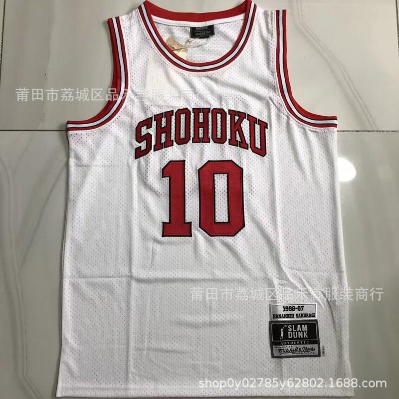 Full Embroidered Basketball Jersey Sakura Hanamichi 10 Red White Cotton Sports Uniform Men Women
