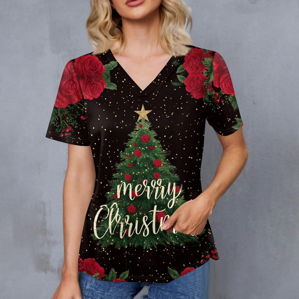 Women's Christmas Printed V-Neck Double Pocket Short Sleeves Hem Slit  Uniform Caregiver Top