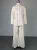 European & American Women's 2025 Summer Two-Piece Set: Sweet Fresh Lapel Beaded Shirt with High Waist Straight Leg Pants.