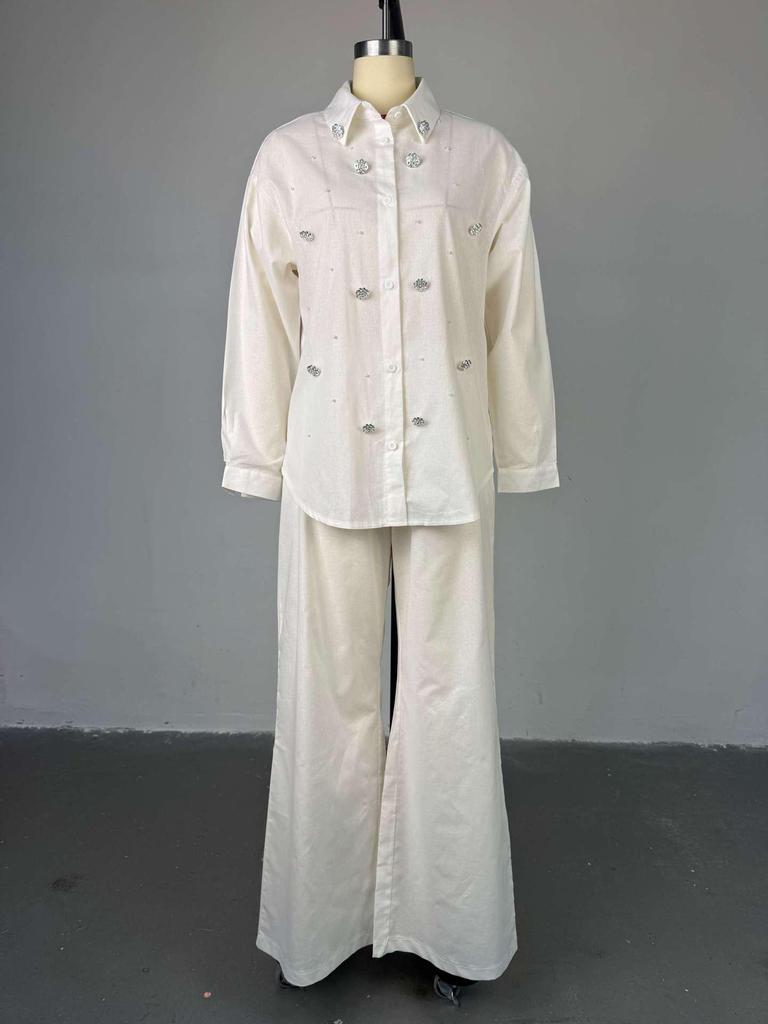 European & American Women's 2025 Summer Two-Piece Set: Sweet Fresh Lapel Beaded Shirt with High Waist Straight Leg Pants.