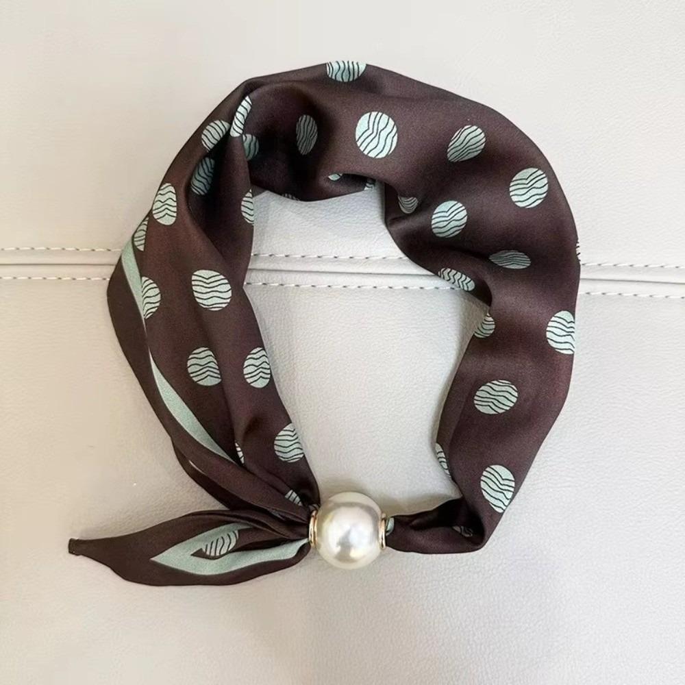 Lightweight Pearl Decoration Scarf Polyester Silk Scarf Magnetic Buckle Scarf  Spring Summer Coffee Dot