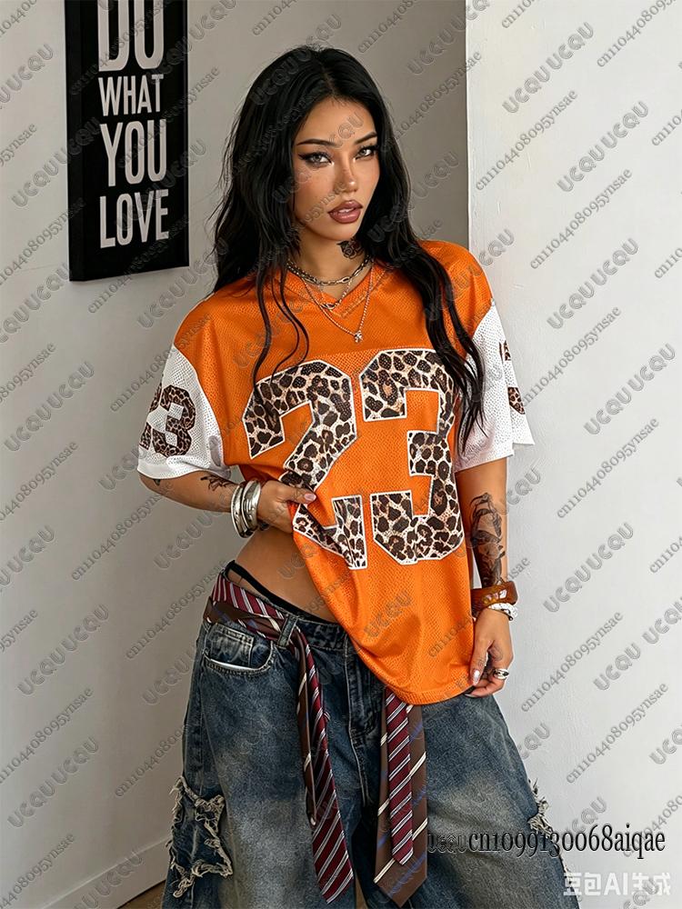 Summer New Leopard No.23 Print T-Shirt For Women V-Neck Short Sleeve Mesh Sports Football Jersey Y2K Loose Oversized Tops
