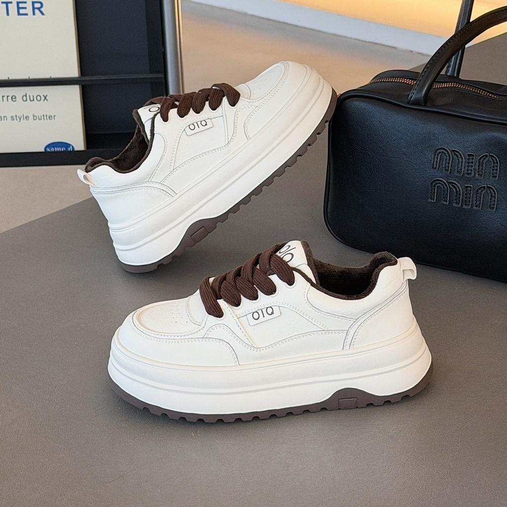 Winter New Retro Casual Thick-soled Leather Little White Shoes Women's Round Head Versatile Velvet Lace-up Sports Board Shoes