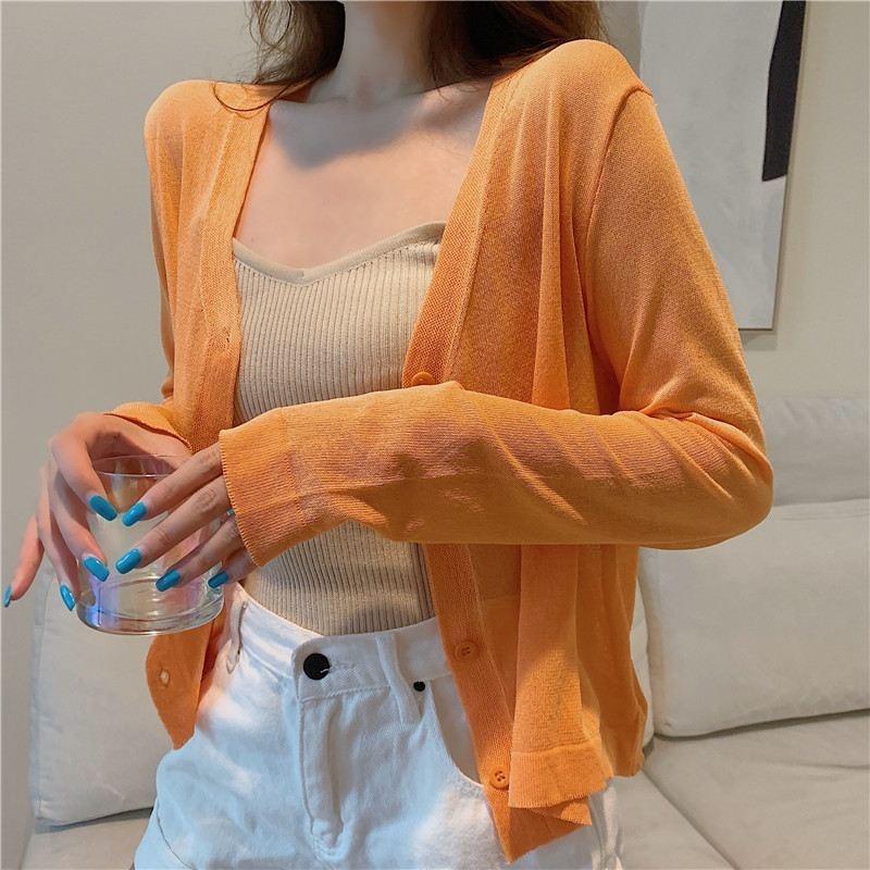 Módní letní pletené sluneční tričko Nové dámské ležérní kardigany s dlouhým rukávem V výstřih Tenký top Jednobarevné Jednoduché Elegantní halenky 3668