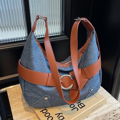 2025 New Korean Casual Personalized Denim Texture Tote Bag, Student Class Commuting Versatile Light Messenger Bag