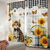 2Pcs Cute Country Cat Sunflower Curtains Rustic Wood Printed Curtains Suitable For Bedroom Bathroom Living Room Dining Room