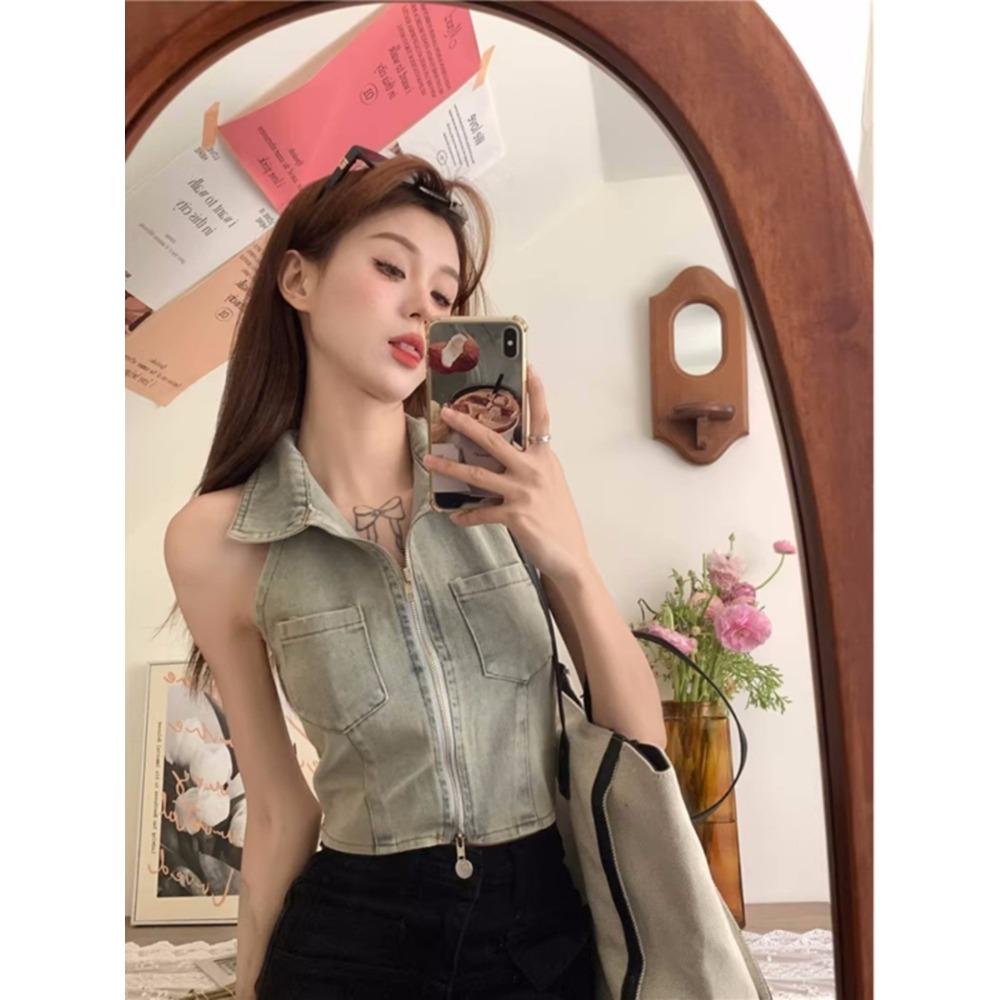 Women's Turn Down Collar Sleeveless Denim Top Slim Fit Korean Style Cropped Halter Vest Vintage Washed Tank Top