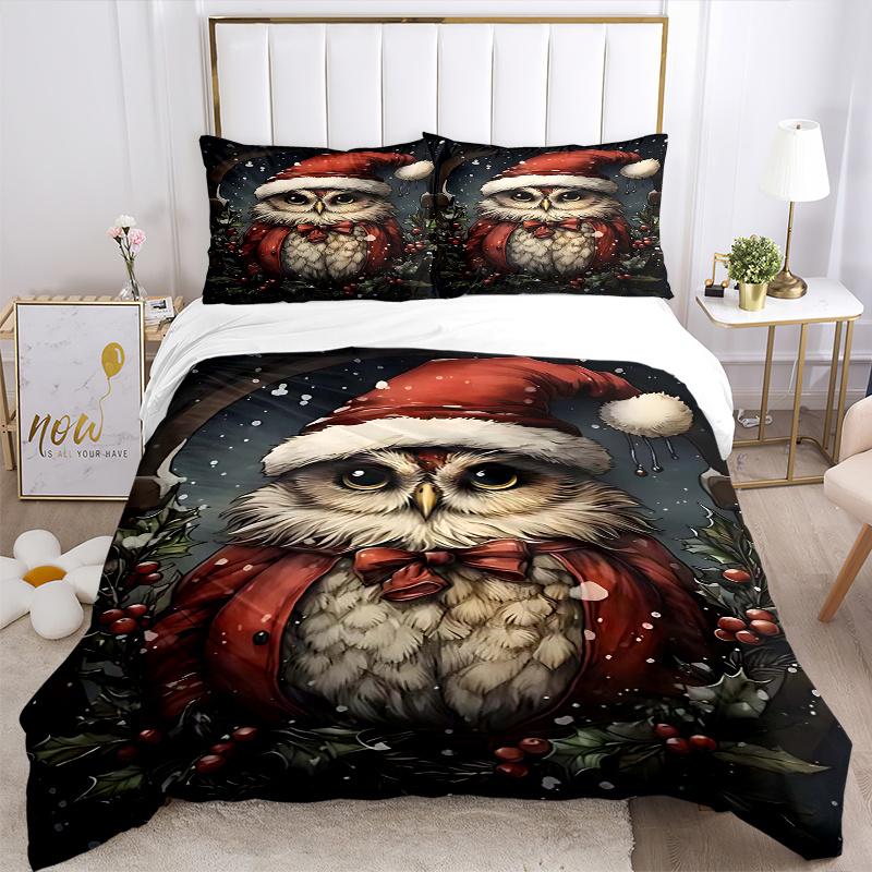 3-teiliges Weihnachts-Eulen-Bettwäsche-Set mit 1 Bettbezug & 2 Kissenbezügen (Kein Kern) - Festliches Geschenk für Schlafzimmerdekoration, Anime-Cartoon-Design, Polyesterstoff