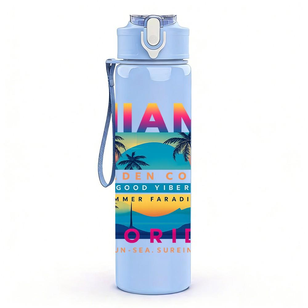 1PC Miami Beach Retro Poster Print 750ml Color Plastic Sports Water Bottle Leakproof Flip Straw Lid Suitable for Sports Office Home Use