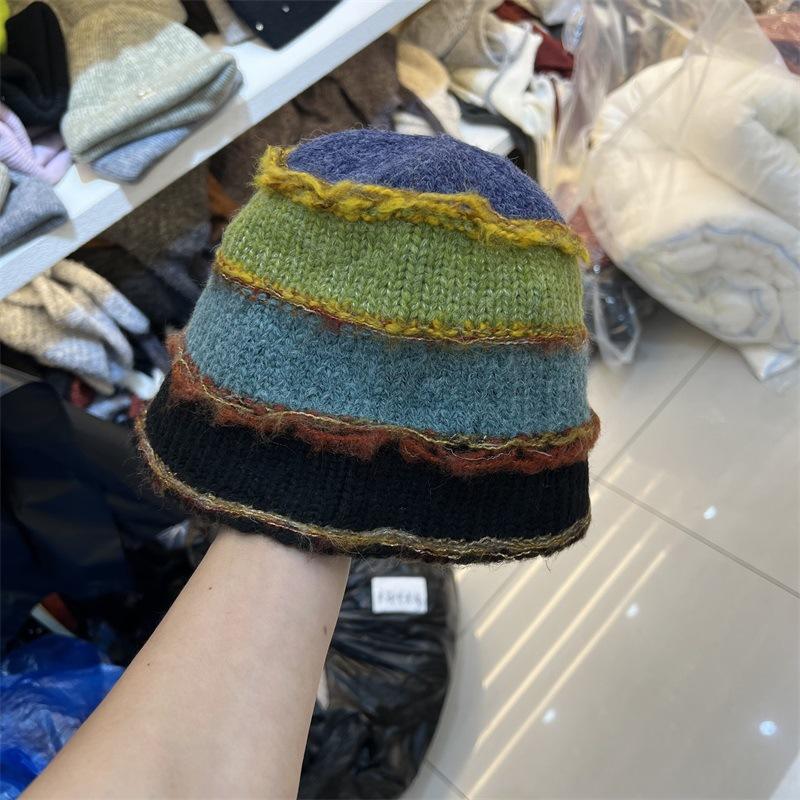 New Fashionable Contrasting Color Horizontal Striped Wool Blended Bucket Hat Women's Winter Face Small Warm Fisherman Hat