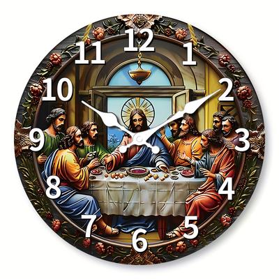Un reloj de pared de chapa de madera, diseño temático "La Última Cena" Reloj de pared plano, reloj silencioso sin tictac, Sala de estar Dormitorio, Oficina,