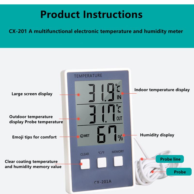 

CX-201A Digital Thermometer Hygrometer Indoor Outdoor Temperature Humidity Meter C/F LCD Display Sensor Probe Weather Station
