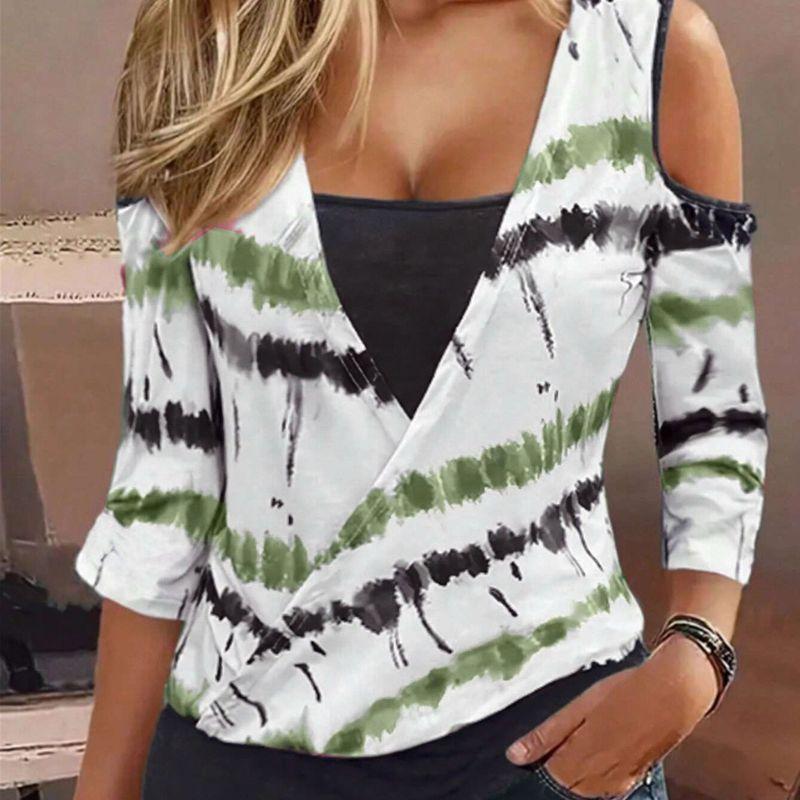 

Новый модный стиль Женская одежда Имитация двух частей С открытыми плечами Длинные рукава Топы Женская футболка с принтом и пэчворком Футболка с длинными рукавами Green(Green) L