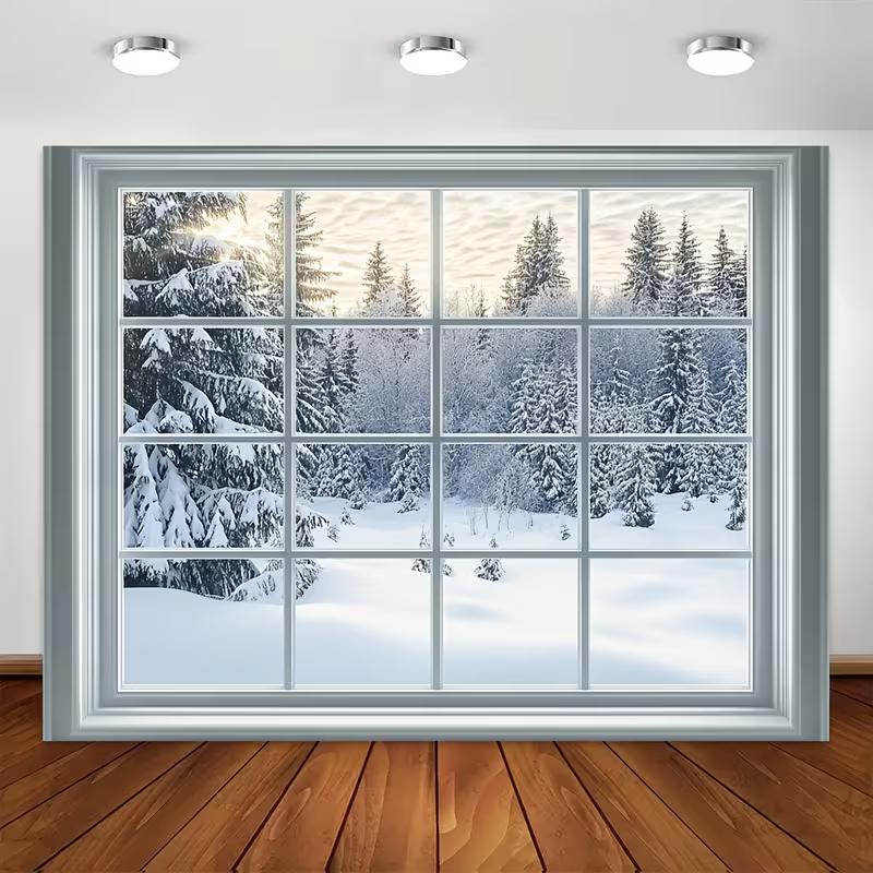 2D Winter Window Scenery Backdrop Snow Forest Studio Photography Background