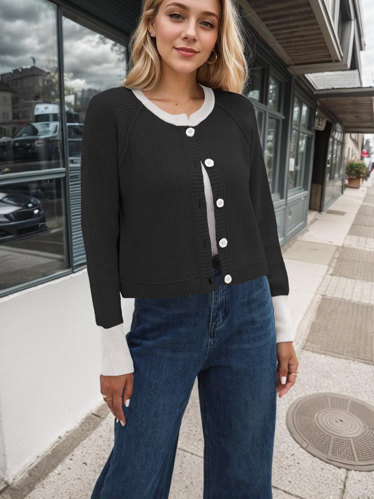 Ribbed Sweater Coat Women Color Block Knitted Cardigan Sweater Button-Up Round Neck Long Sleeve Casual Knitting Tops