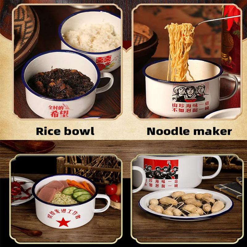 Enamel instant noodle bowl with lid soup bowl retro old style large capacity instant noodle bowl rice bowl porcelain enamel bowl