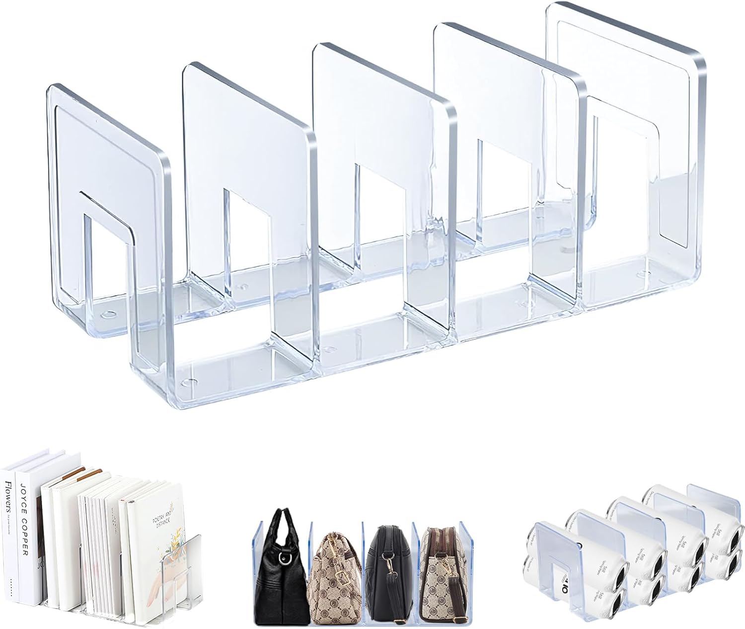 Bookends for Shelves 4 Slots Acrylic Book Shelves Desktop File Organizer Bookshelf Filing Rack Non-Skid Kitchen Cooking Holder